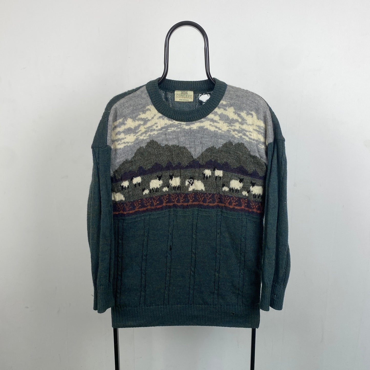 Retro 90s Sheep Knit Sweatshirt Green Small