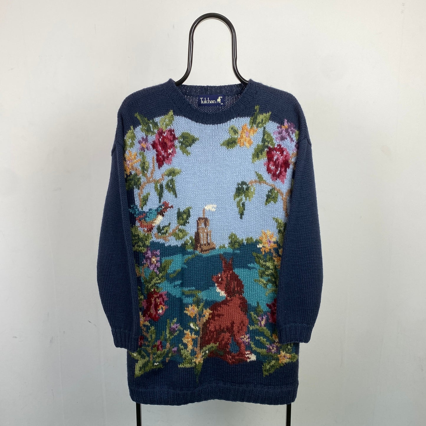 Retro Tulchan Tapestry Knit Sweatshirt Blue Large