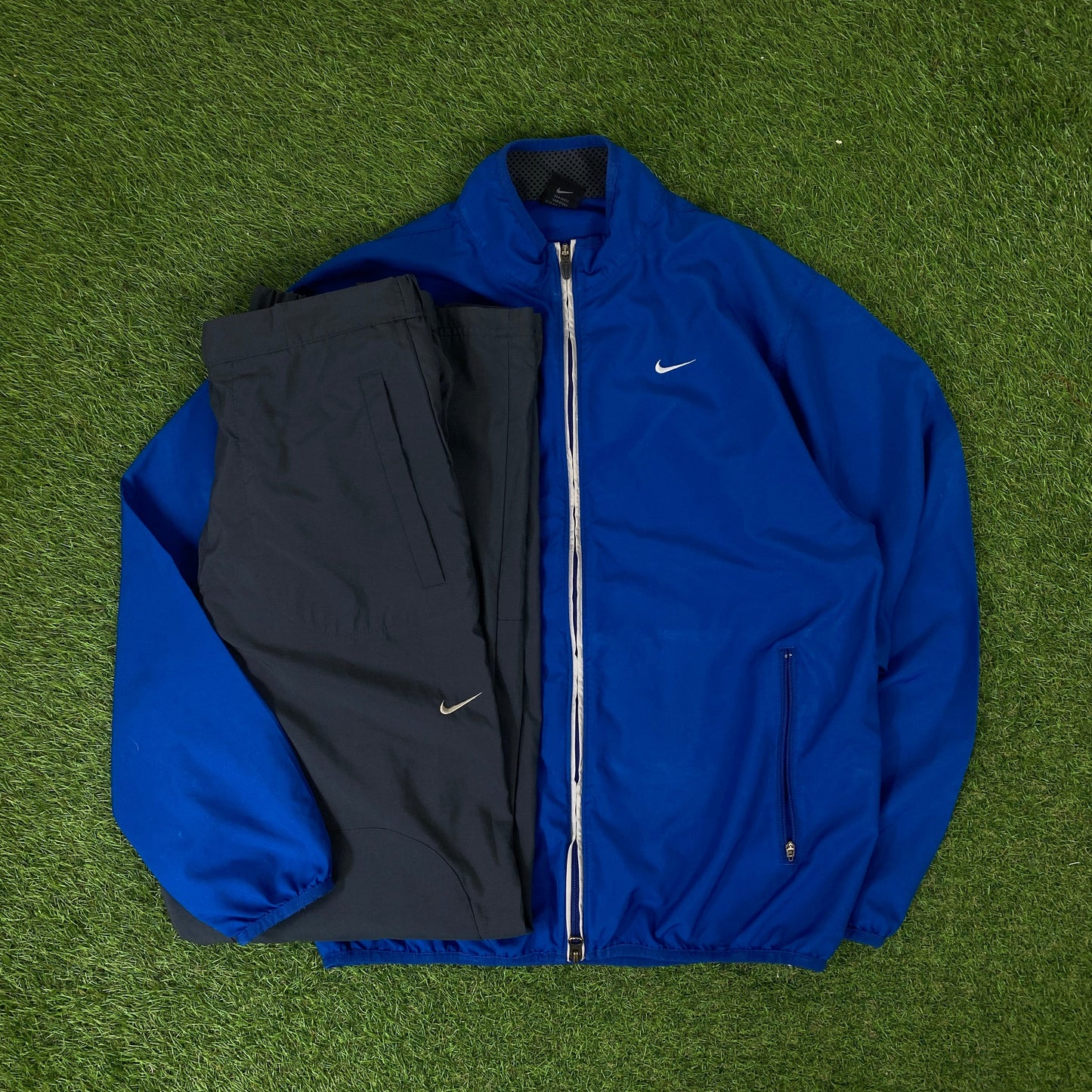00s Nike Piping Windbreaker Jacket + Joggers Set Blue Small