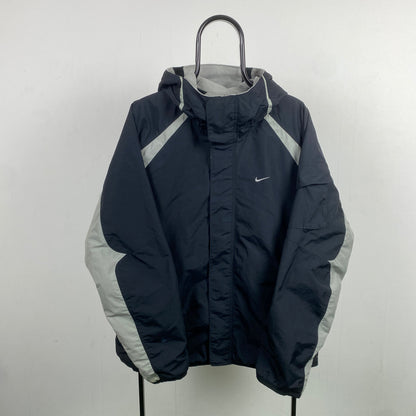00s Nike Reversible Fleece Coat Jacket Black Grey Small